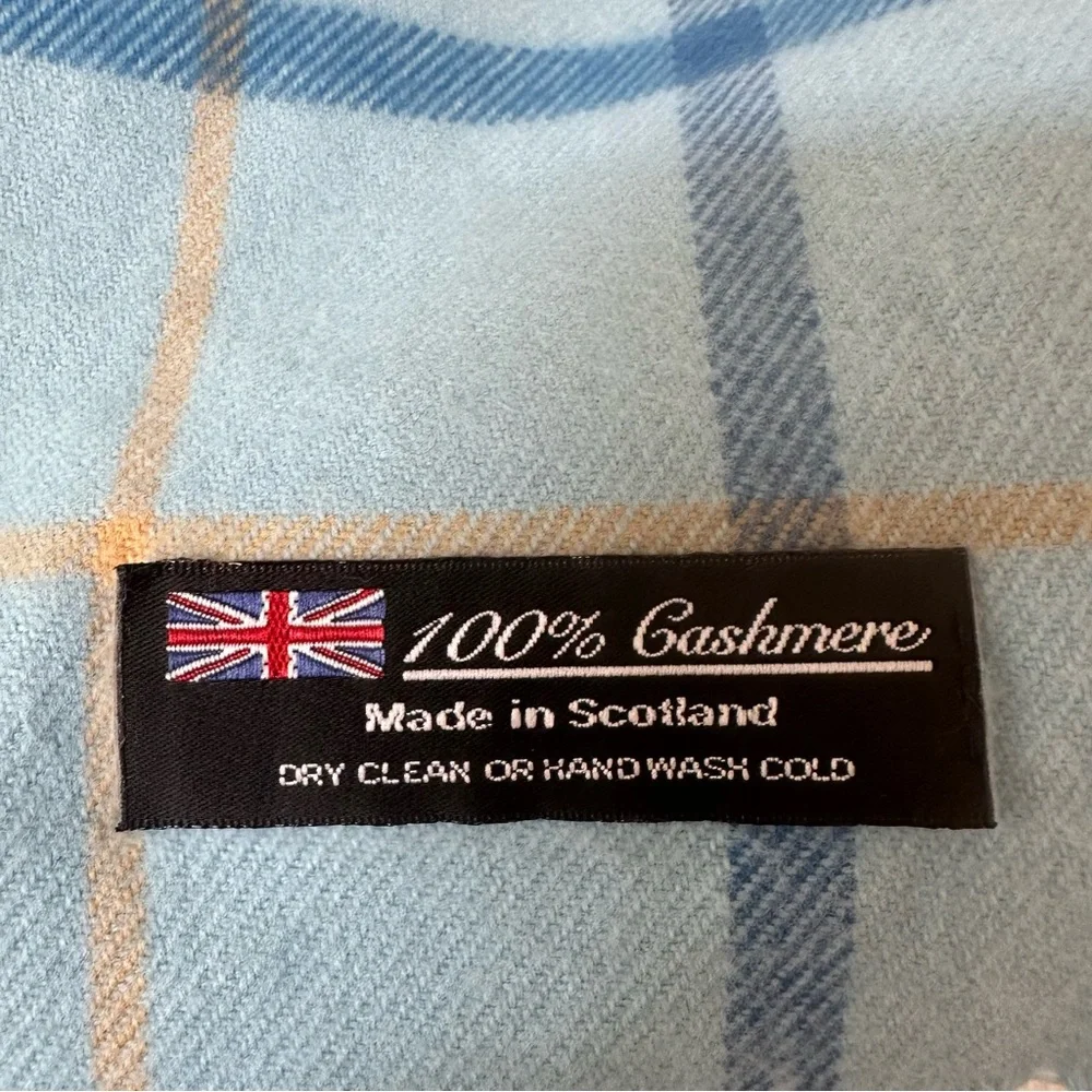 100% Cashmere Mens Scarf Made In Scotland Light Blue Tan Plaid Fringed 63” Lux